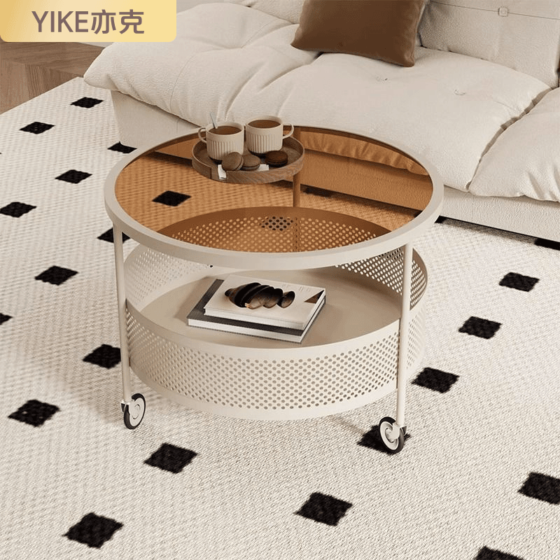 织福奶油风圆形茶几客厅家用简约现代一体移动茶台2023年新款玻璃