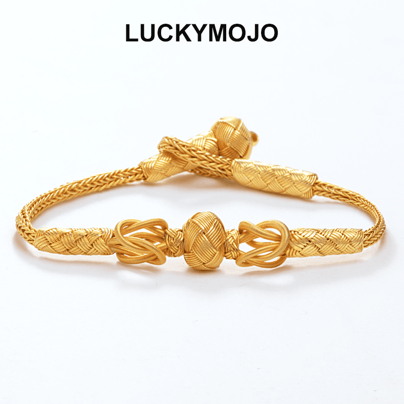 LUCKYMOJO 足银手链 手工编织金色复古手链男女高级感银镀金手绳