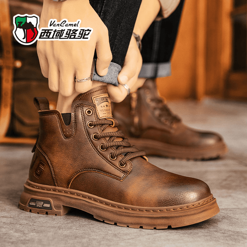 西域骆驼男鞋时尚马丁靴秋冬款复古英伦风厚底短靴保暖马丁靴休闲