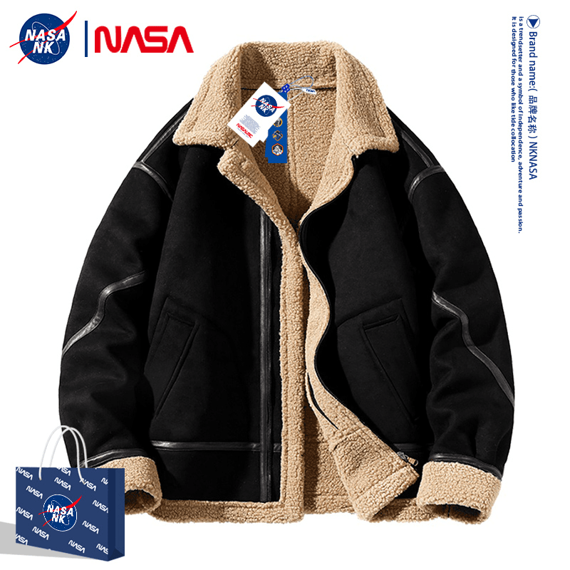 NASA联名男士冬季时尚羊羔毛外套秋冬鹿皮绒翻领夹克宽松保暖棉服