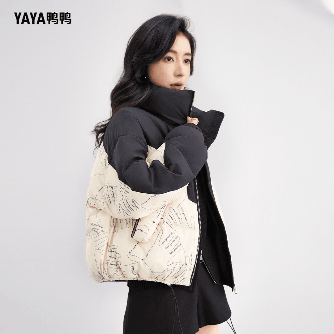 YAYA/鸭鸭羽绒服女士冬季韩版保暖时尚印花立领外套【YE3B607122H】