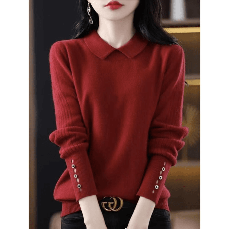 时尚袖口镂空针织衫女毛衣23年春季新款红色娃娃领显瘦气质打底衫