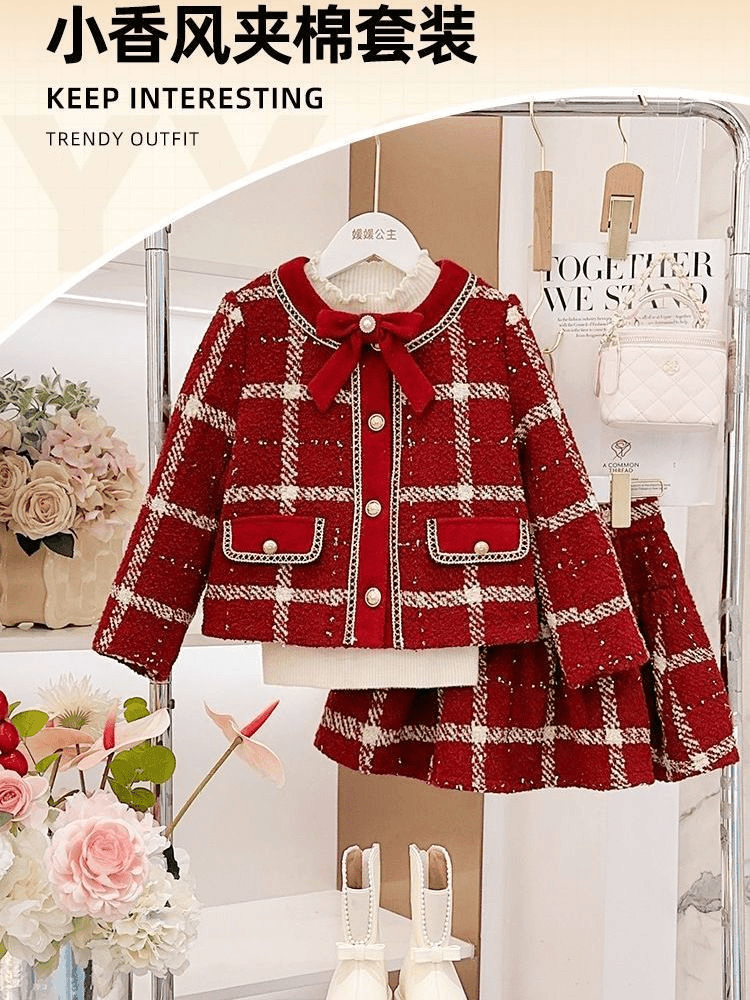 【特价清仓】儿童红色香风女童拜年2024套装新款冬季加厚两件套洋