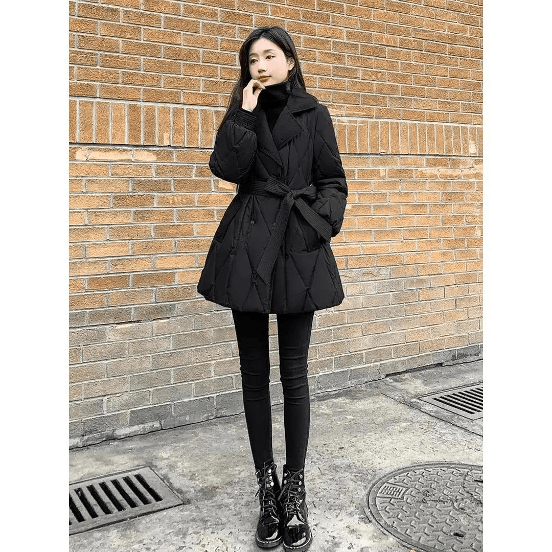 波司澄2023新款女装冬修身收腰中长款羽绒羽绒服女黑色显瘦西装领