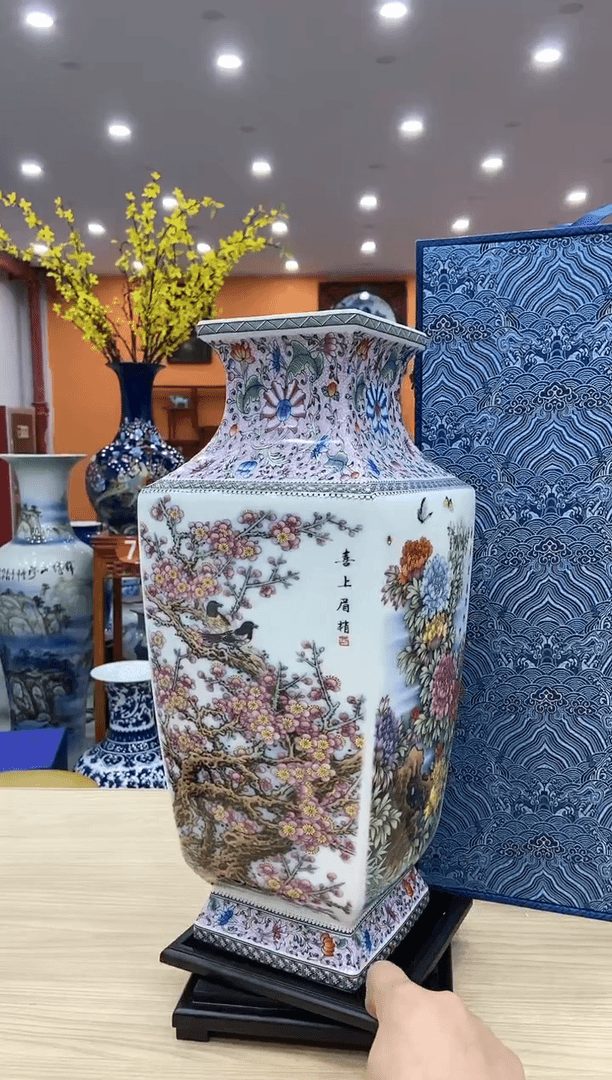 【闪购商品】瓷瓶王锡良《四季花鸟》四方尊+礼盒+证书