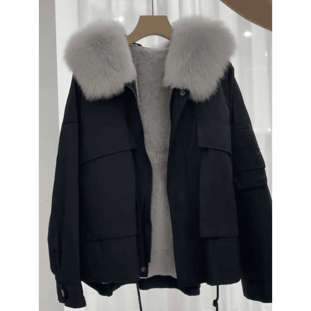 韩版气质时尚仿兔毛棉衣拼接工装派克服女2023秋冬新款洋气外套