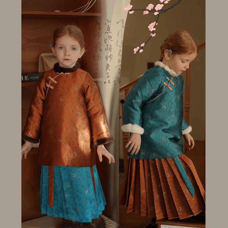 冬季女童金丝提花旗袍裙棉服马面裙宝宝棉衣半身裙拜年服潮