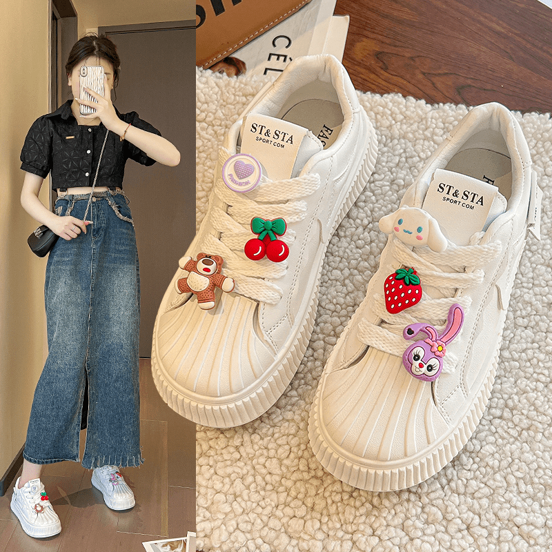 小白鞋女贝壳头2023年新款卡通春秋季休闲百搭平底舒适低帮时尚