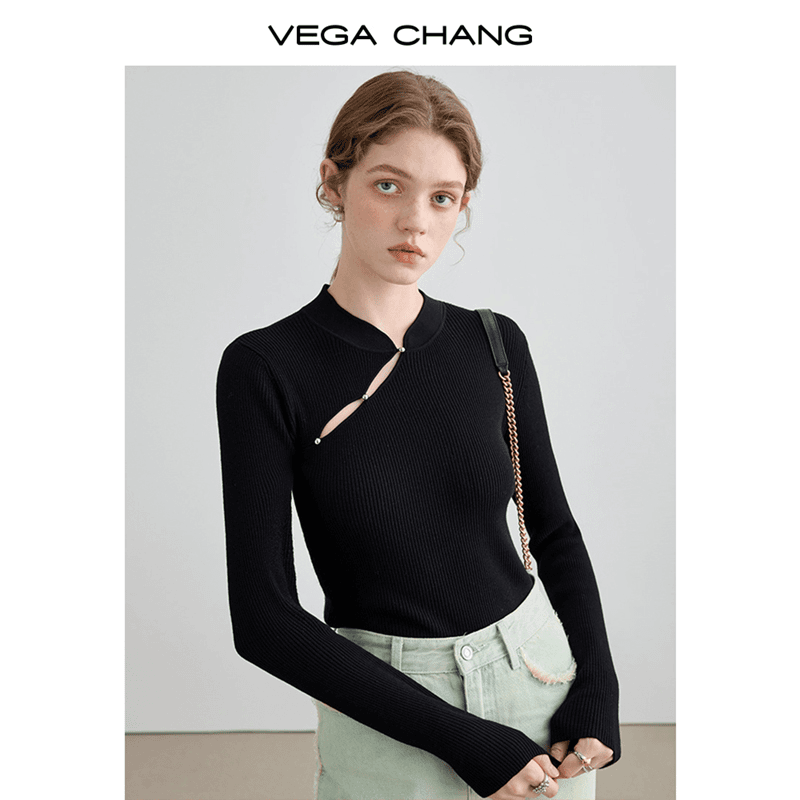 VEGA CHANG黑色针织衫女设计感小众新中式针织衫上衣2023年秋新款