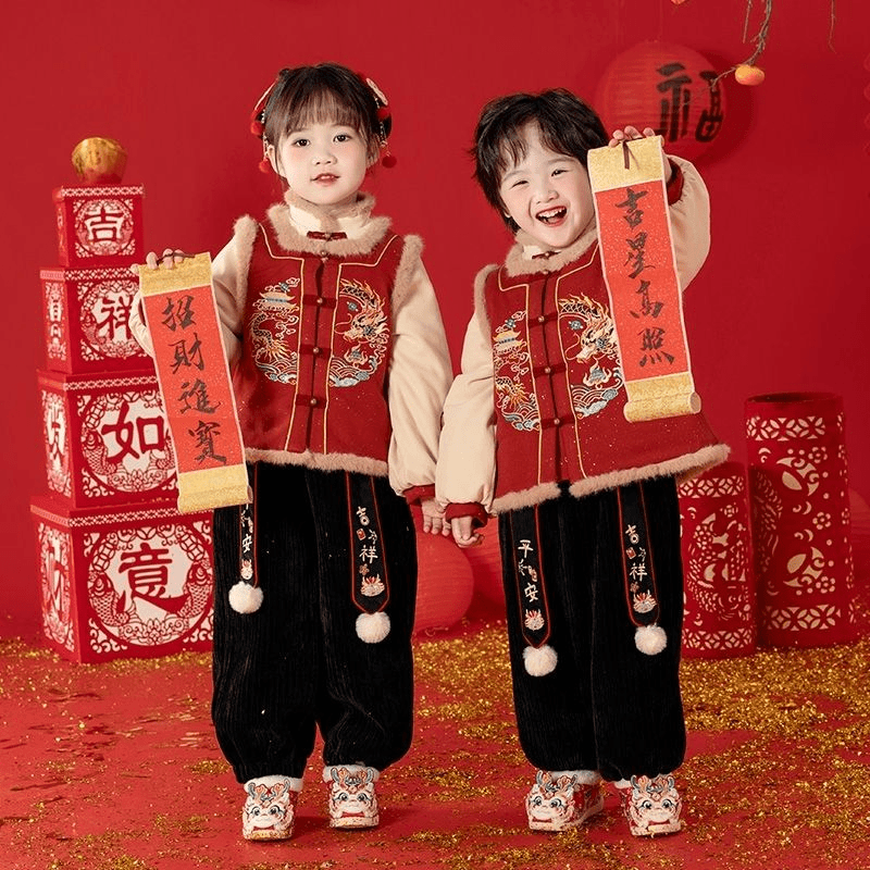 男女童冬装拜年服套装2023新款宝宝龙年过年喜庆衣服表演服两件套