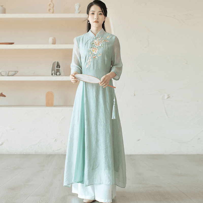 新中式国风中国风女装禅意服汉服采耳师工作服唐装裙子改良旗袍连