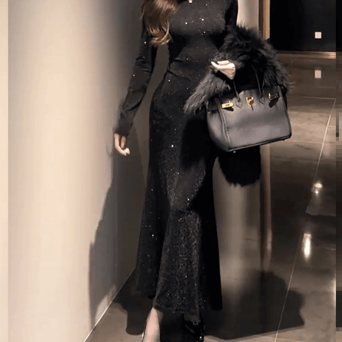 女装连衣裙冬季设计感加绒烫钻气质连衣裙高级感半高领鱼尾长裙