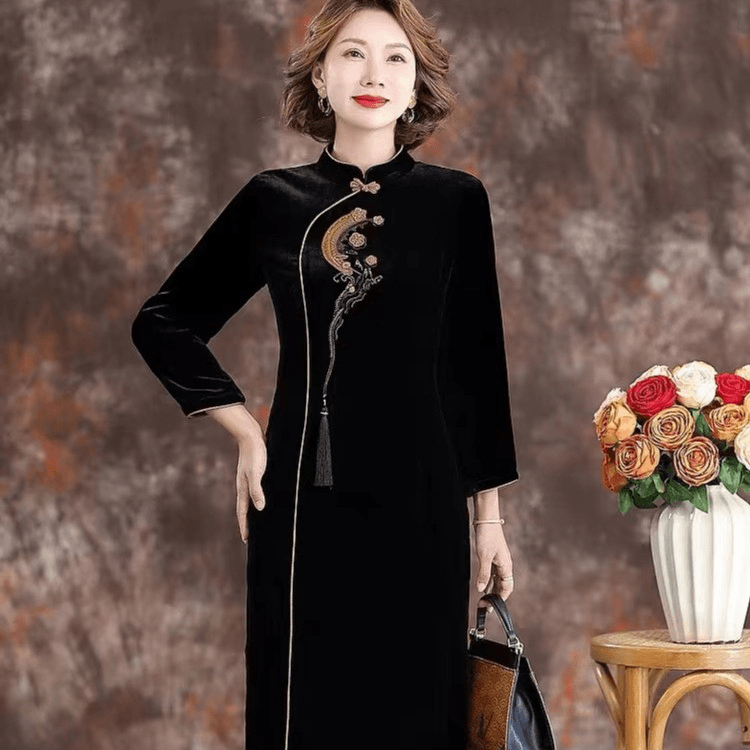 9号黄绣花真丝丝绒连衣裙旗袍妈妈装中国风复古