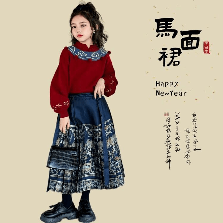 汉服女童冬装马面裙套装2023新款加厚儿童中国风喜庆毛衣拜年服装
