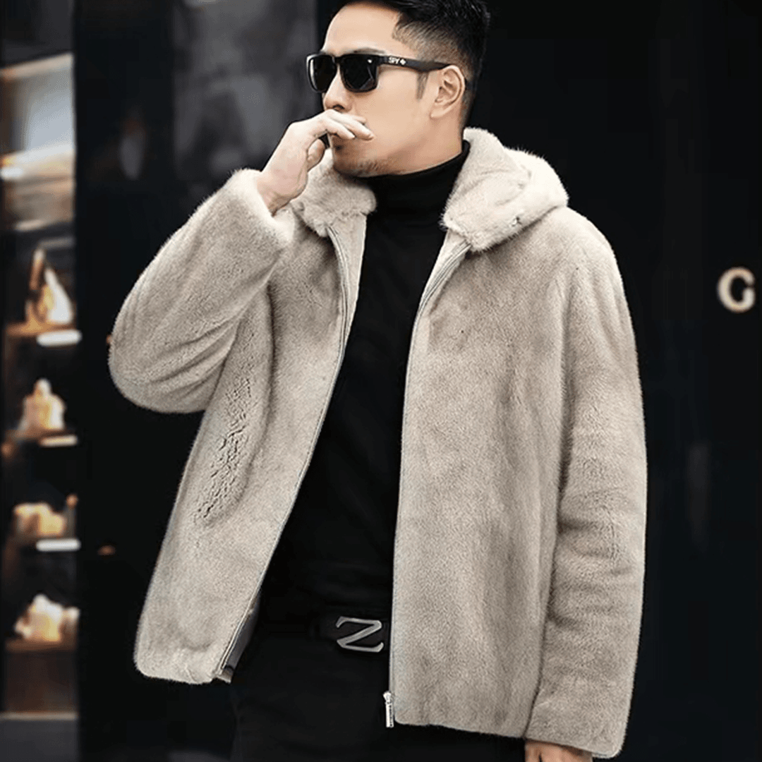 [紫金短二] SQ0009 丹麦进口水貂 银蓝貂连帽经典男士貂皮外套