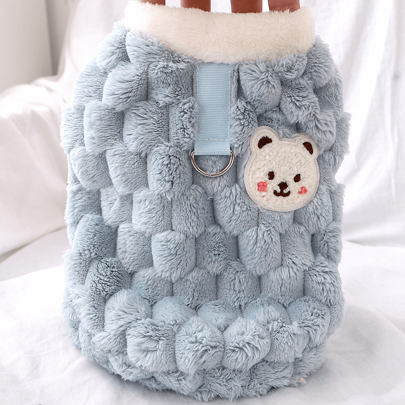 狗衣服冬天带牵引环博美小型犬保暖毛绒绒圆领韩系背心宠物两脚衣