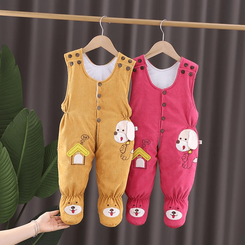 0-1岁婴儿薄棉包脚棉裤男6女宝宝秋冬夹棉带袜开档背带丝绵连脚裤