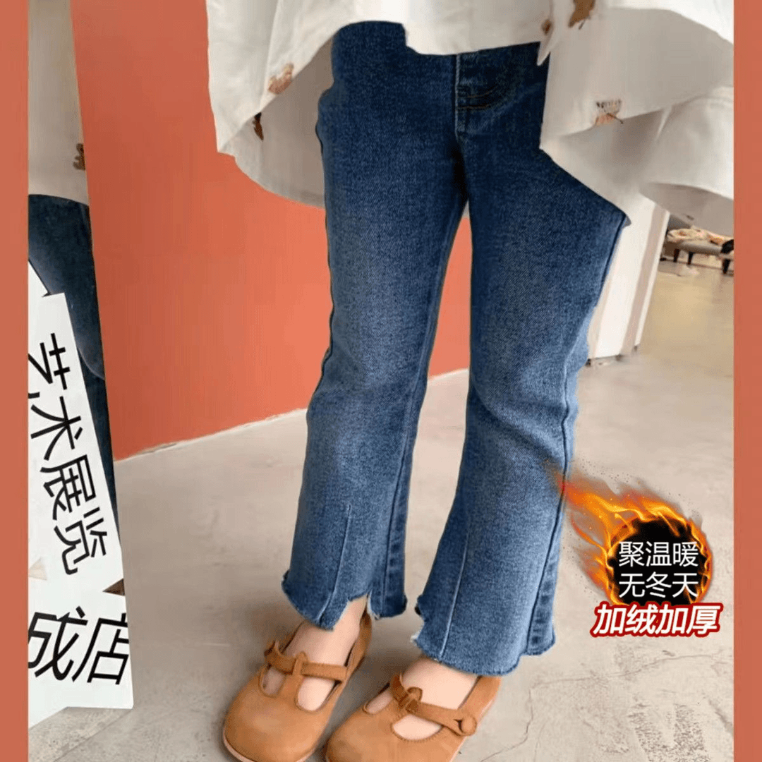 女童秋冬加绒牛仔裤女宝宝韩系洋气喇叭裤子儿童秋装弹力长裤童装