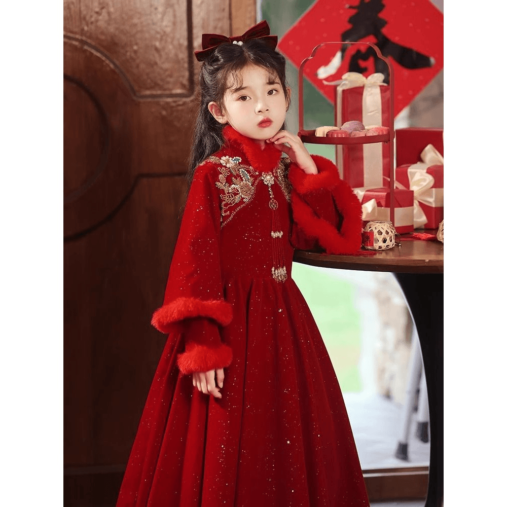 女童汉服冬季加厚2024新款龙年拜年服儿童新年过年喜庆衣服秋冬装