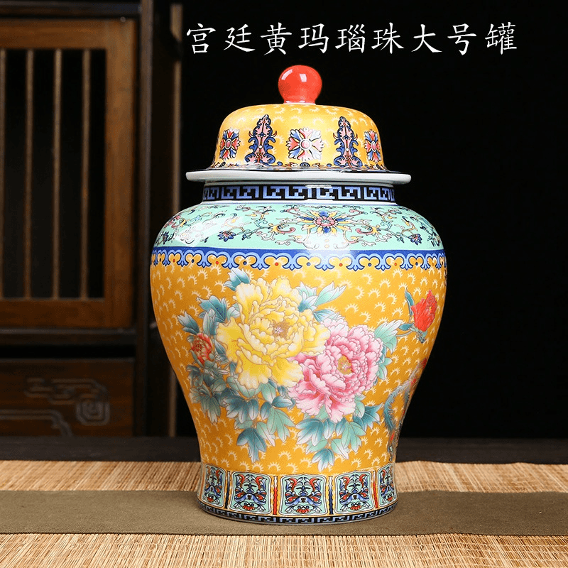 珐琅彩大号将军茶叶罐储物罐陶瓷密封家用中式高档防潮