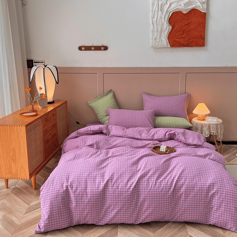 2023新款格子色织水洗棉全棉四件套1.2m床单款三件套