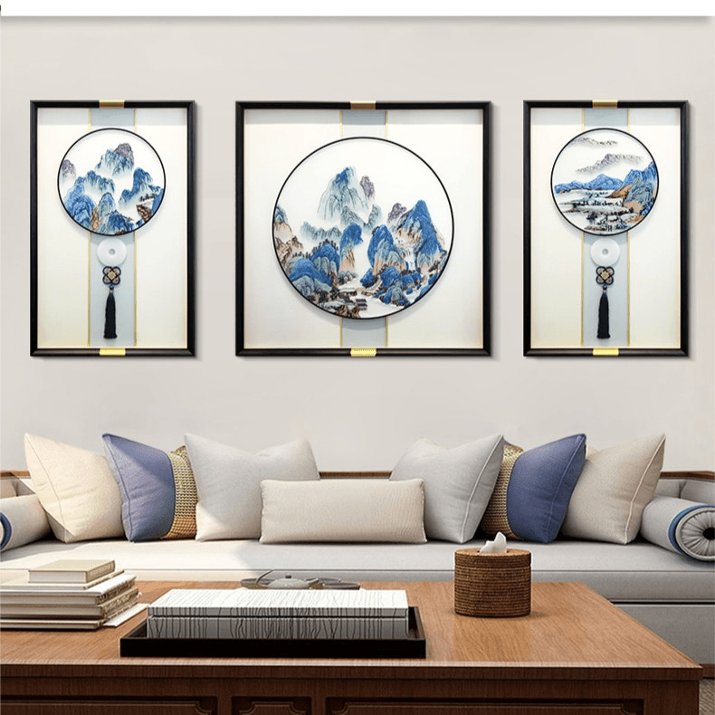 千里江山新中式客厅实木艺术装饰画刺绣挂画苏绣高端沙发背景