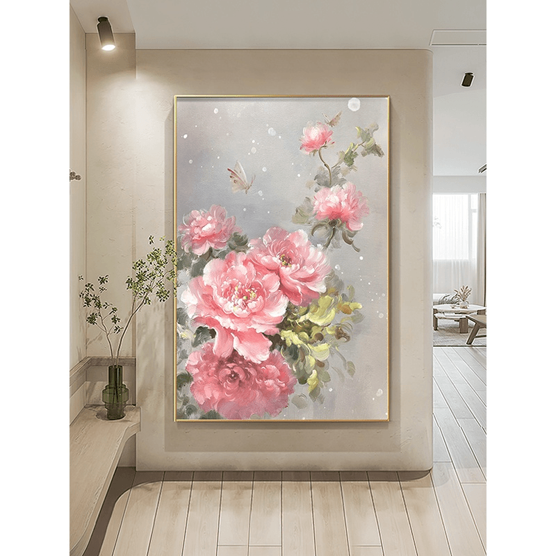 现代轻奢牡丹油画入户玄关装饰画简美式客厅走廊过道挂画餐厅壁画