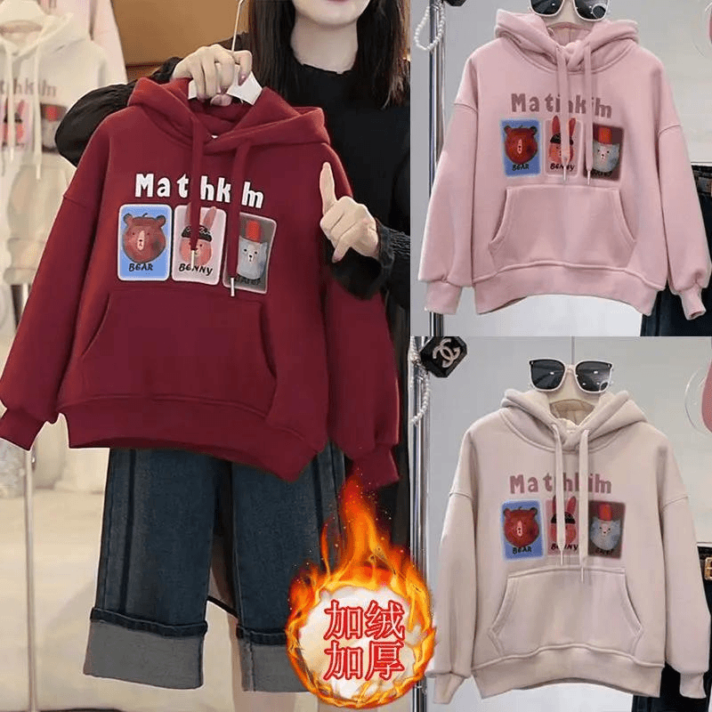 女童加绒卫衣2023秋冬新款加厚中大童连帽印花卫衣上衣保暖外套潮