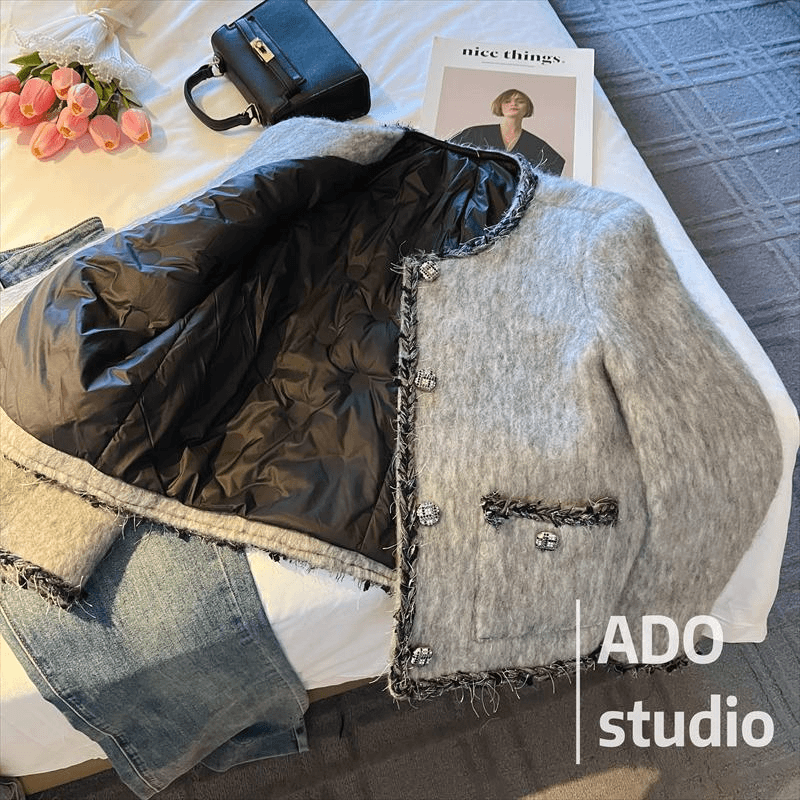 3353式气质高级感灰色小香风外套女2023秋冬新款棉内胆毛呢上衣