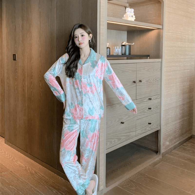 睡衣女金丝绒长袖撞色设计感时尚翻领气质宽松家居服套装