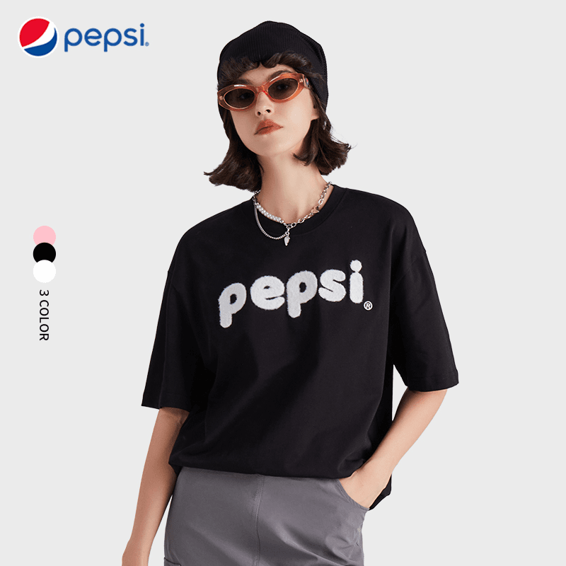 百事PEPSI潮牌短袖时尚简约纯色毛巾绣休闲印花宽松户外出游短袖
