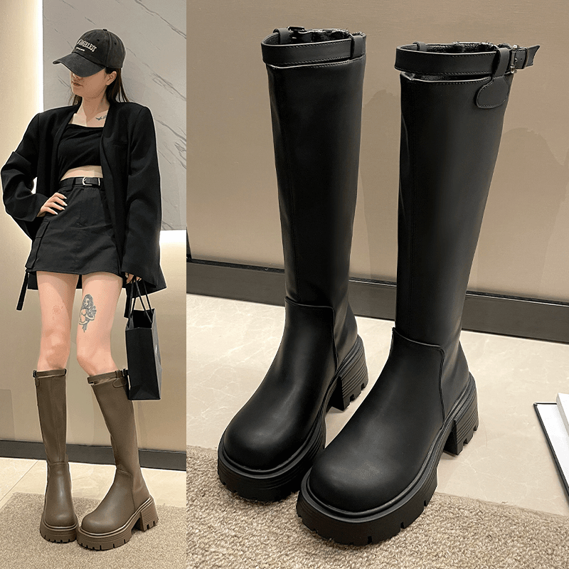 不过膝长筒靴女2023新款秋冬流行显瘦瘦长靴女粗跟厚底百搭骑士靴