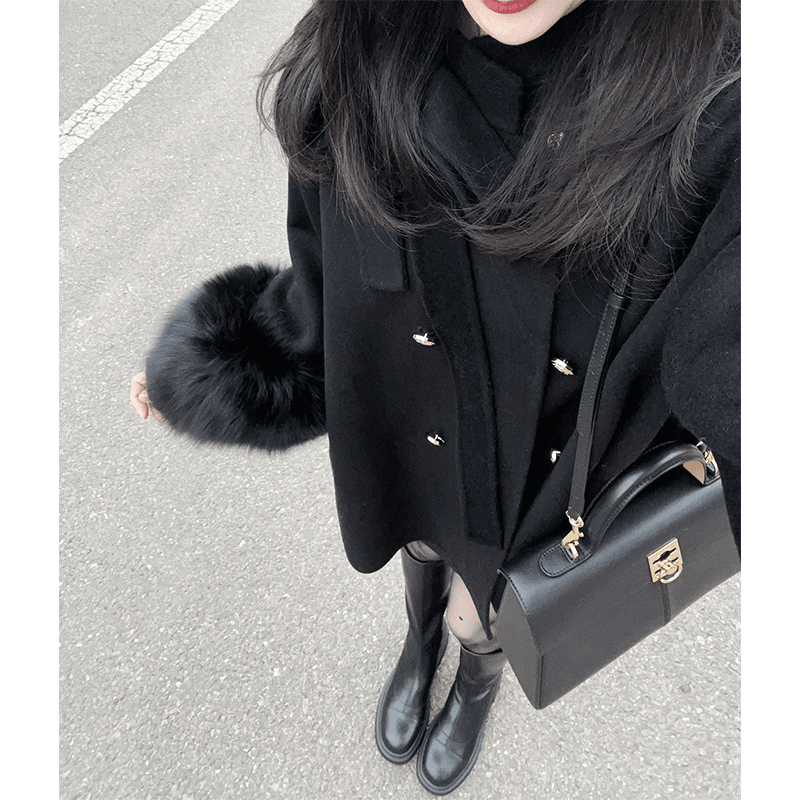 富家千金赫本风黑色毛呢外套小众设计感蝴蝶结袖口毛毛呢子大衣冬