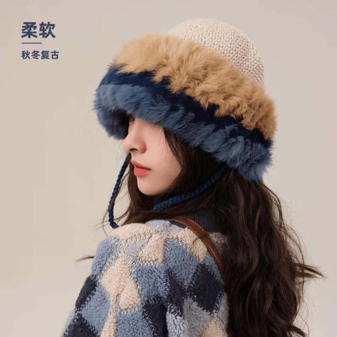 兔毛针织帽女秋冬季拼接保暖毛线帽韩版甜美可爱毛绒护耳包头帽子