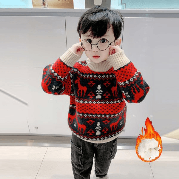 男童装加厚加绒毛衣红色圣诞麋鹿针织衫儿童套头打底衫宝宝毛线衣