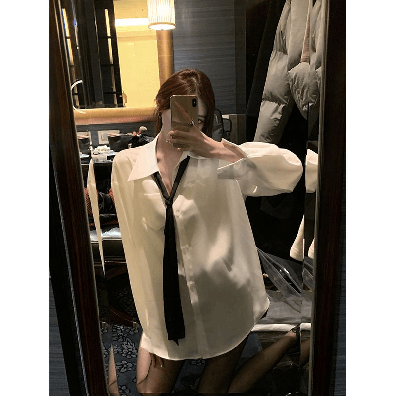 男友不让穿的禁欲系白衬衫女付领带韩版简约设计感小众内搭衬衣潮