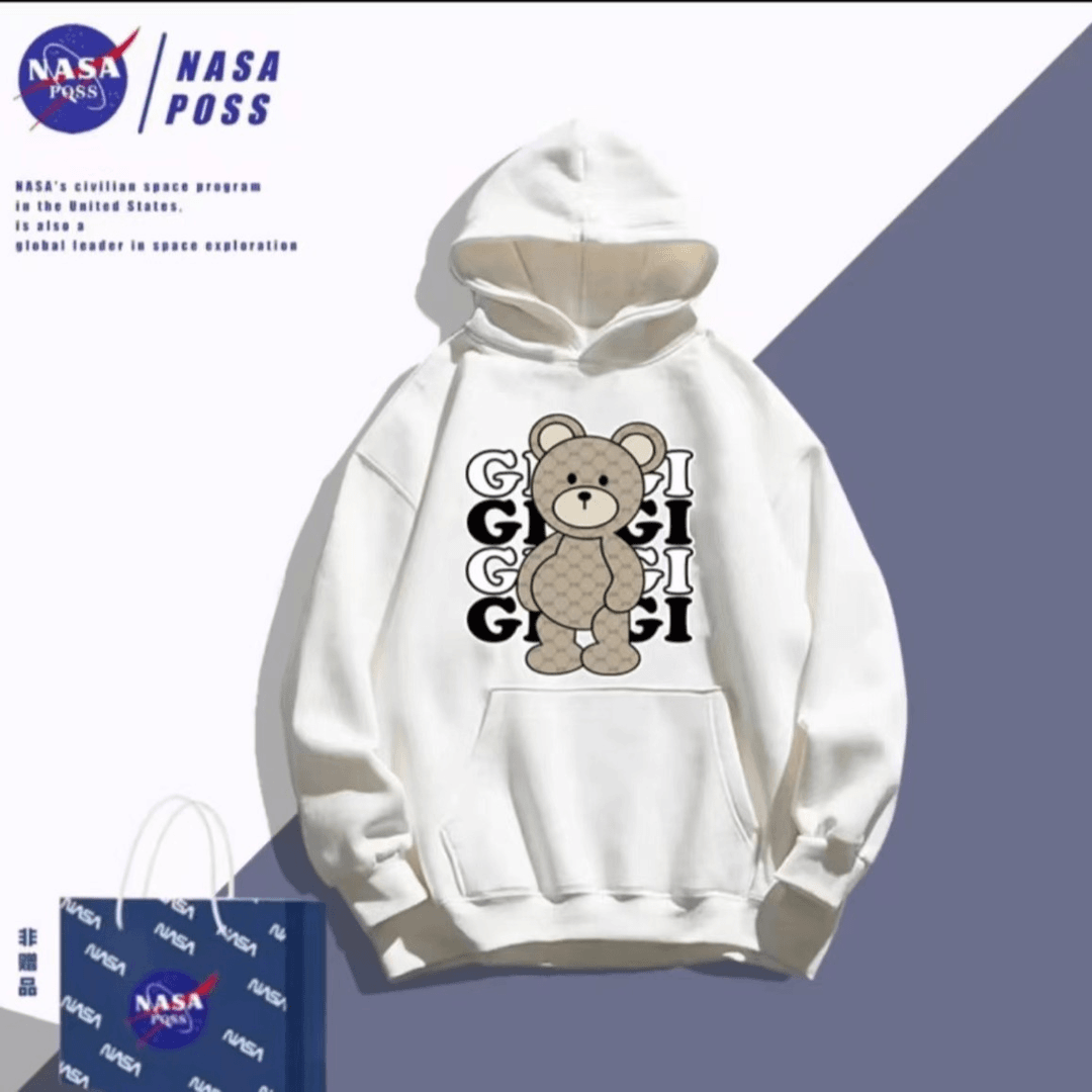 NASA 联名国潮秋冬新款男女同款运动休闲百搭连帽卫衣-卡其黄小熊