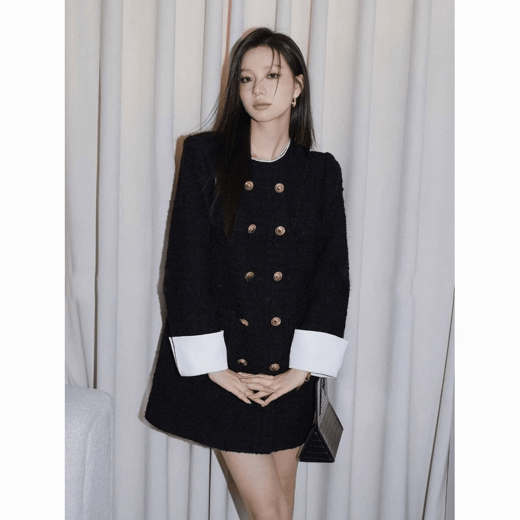 大码胖mm赫本风粗花呢双排扣连衣裙女秋冬法式复古气质A字裙女