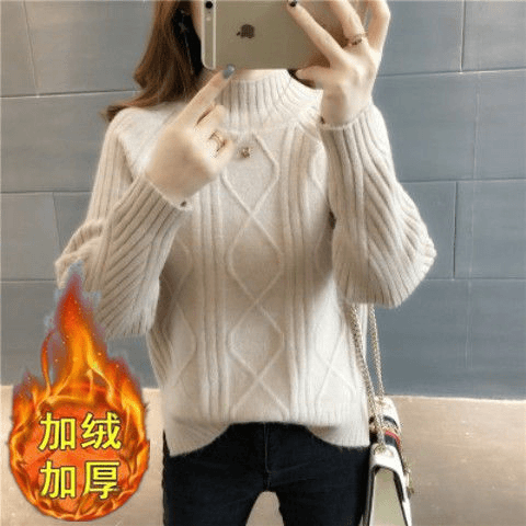 ZY加绒不加绒秋冬季半高领套头毛衣女韩版宽松加厚纯色上衣女打底