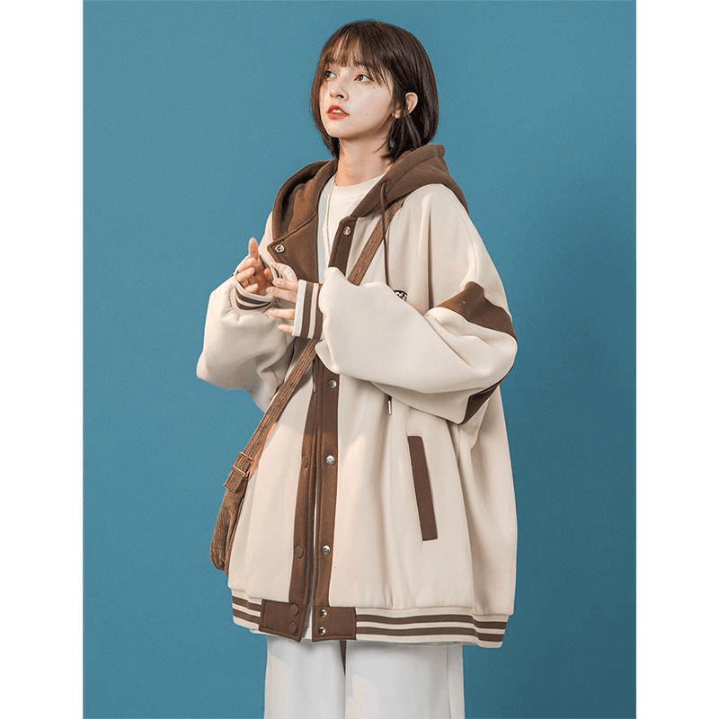 加大300斤可穿 早春连帽卫衣女设计感拼接撞色开衫棒球服外套