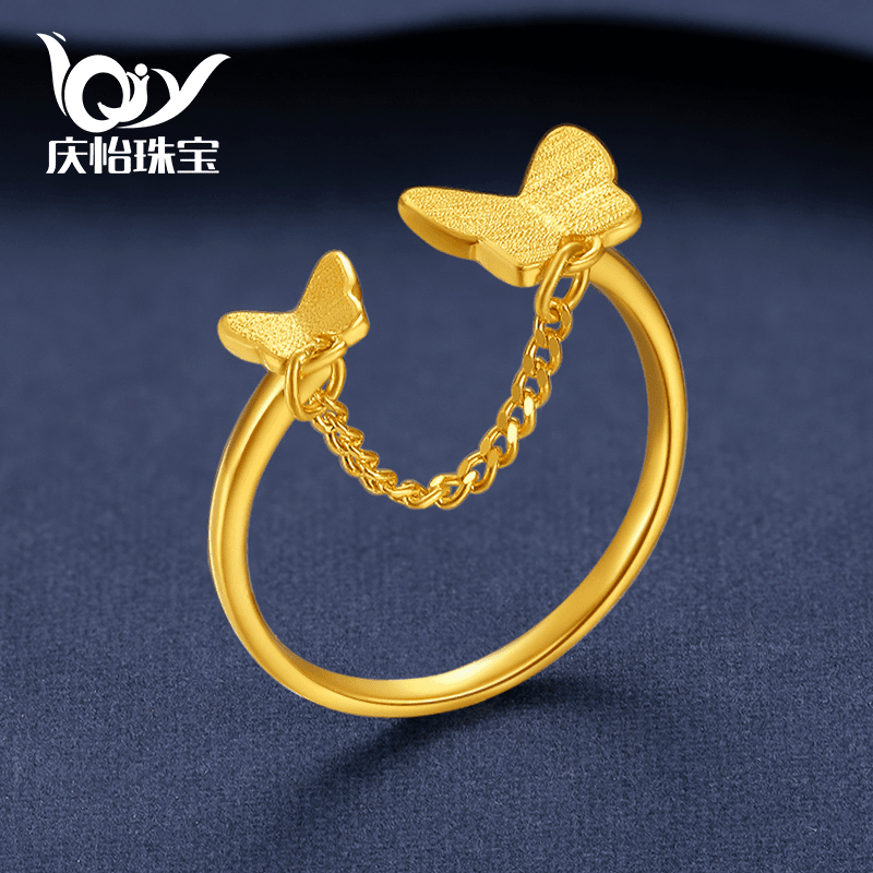 黄金蝴蝶戒指女 999足金蝶恋戒个性5G实心开口食指戒子情人节礼物