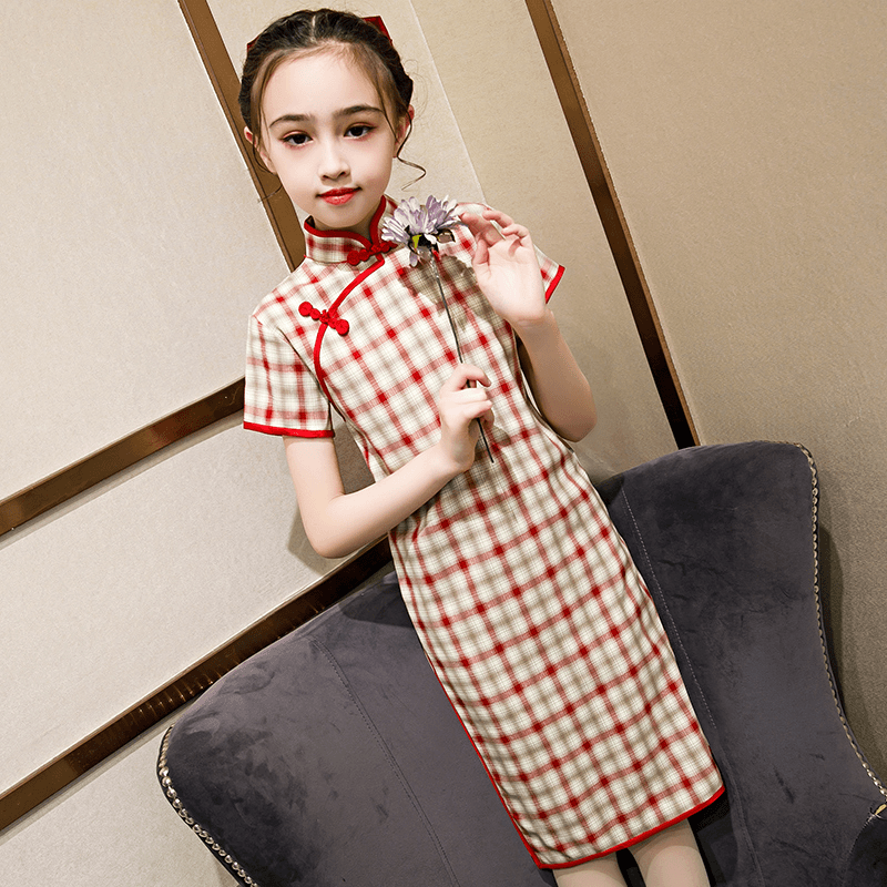 红色女童儿童旗袍夏季2023年新款复古中国风小女孩女宝格子连衣裙