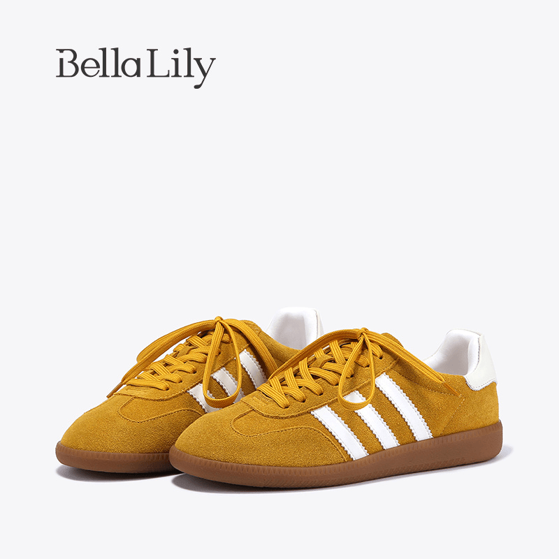 BellaLily2023夏新款牛皮三条杠德训鞋女透气板鞋轻便休闲平底鞋