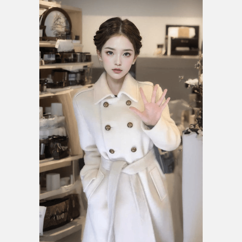 韩版气质高级感长款白色毛呢外套时尚高端呢子大衣女秋冬新款加厚