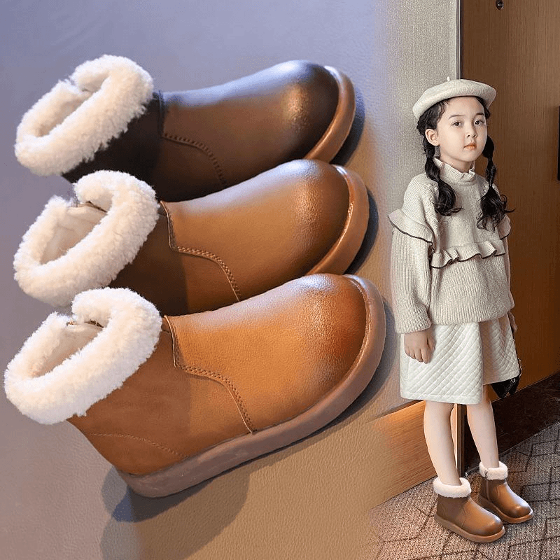 回力潮品女童棉靴2023冬季新款毛毛口皮靴加绒软底中大童宝宝短靴