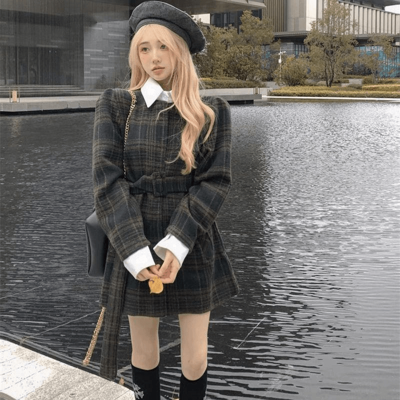 休闲甜辣妹假两件领长袖毛呢外套女秋冬装拼色宽松中长款外穿上衣