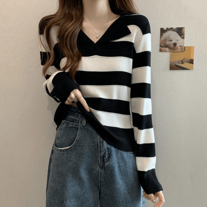 洋气polo领条纹针织衫女2023早秋新款大码打底衫显瘦气质减龄上衣
