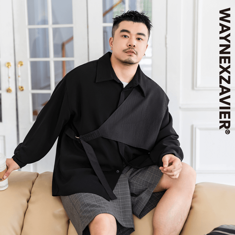 韦恩泽维尔大码设计感黑色衬衫男长袖秋季宽松假两件黑色衬衣8120