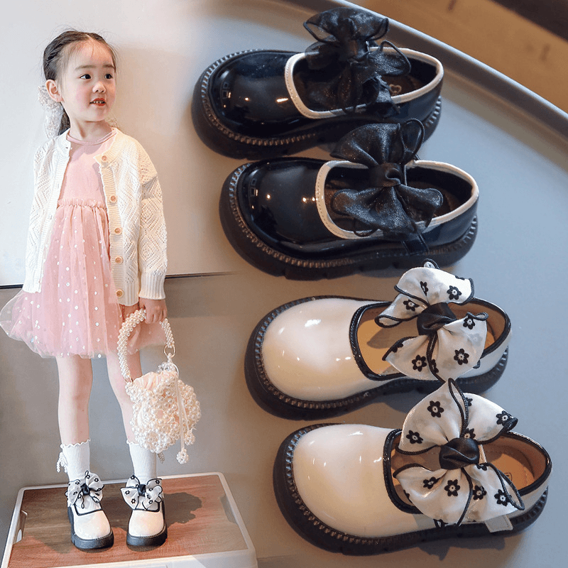 儿童小皮鞋2023年春款女童网纱软底小花朵蝴蝶结公主小中大童单鞋