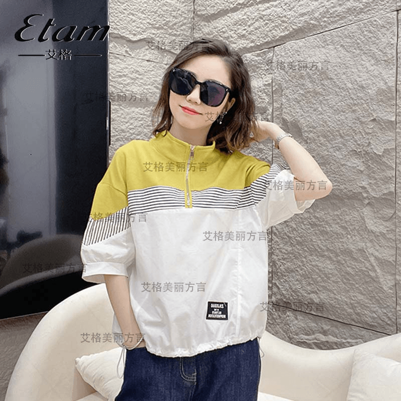 Etam/艾格宝藏衣橱立领拼色衬衫女士夏小众宽松衬衣洋气时尚上衣